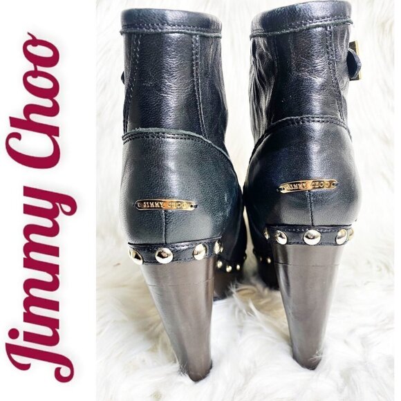 JIMMY CHOO Black Leather Studded Platform Peep Toe Biker Booties, Size 38 - Picture 6 of 8
